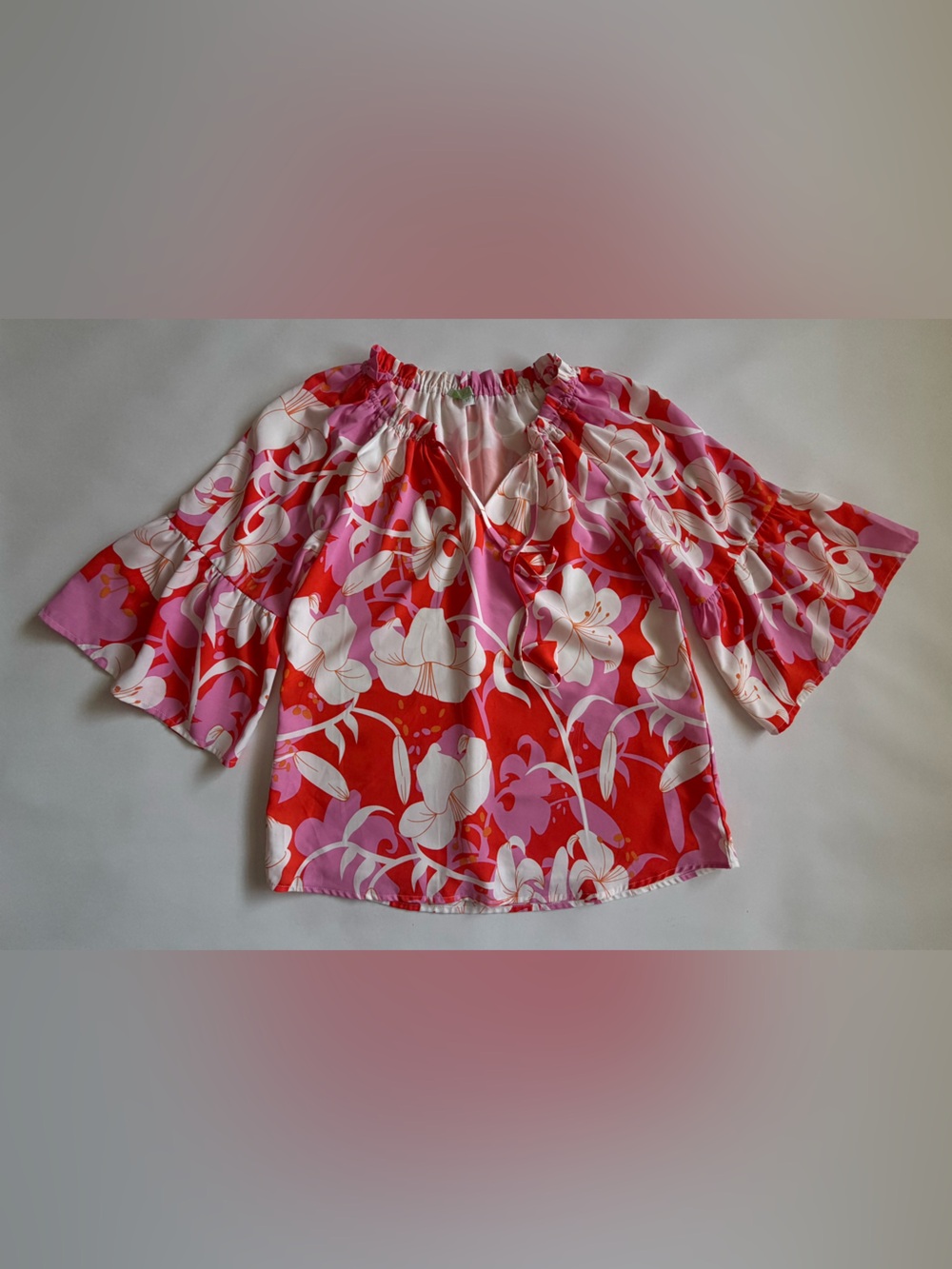 Vintage Y2K Red Floral Bell Sleeve Tie Neck Boho Cottage core Blouse Size XS